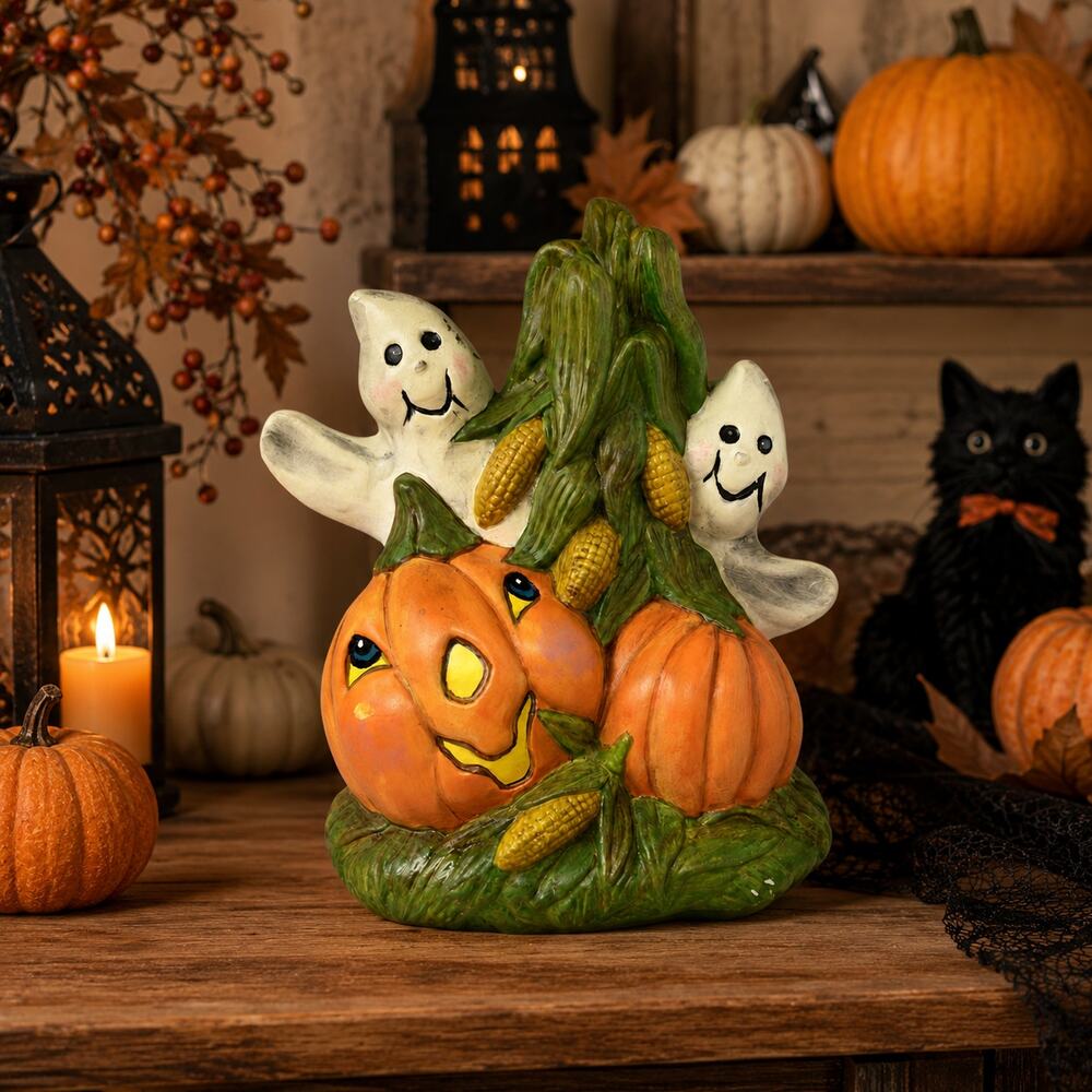 Vintage Halloween Pumpkin Ghost Figurine 8" Signed CB 2007 Beasties Style